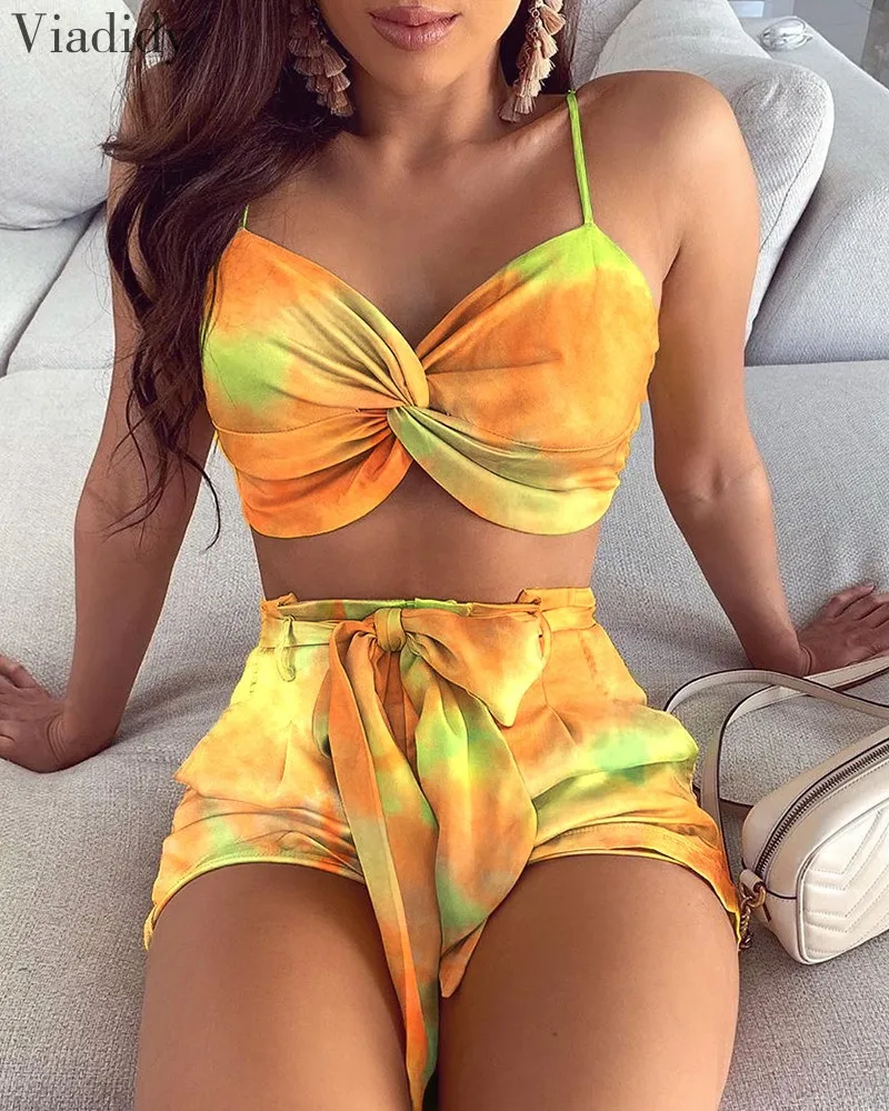 Women Spaghetti Strap Crop Top and Shorts Set Print Sleeveless Two Piece Suit Set