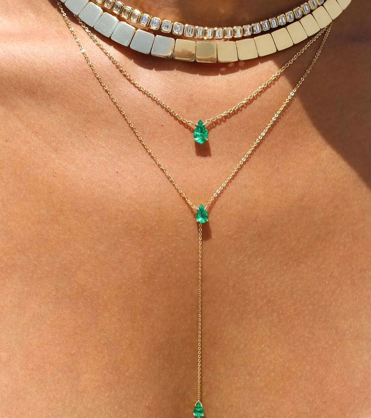 Green Tear Drop CZ Cubic Zirconia Double Choker Y Lariat Long Clavicle Chain Multi Layer Necklace European Fashion Women Jewelry