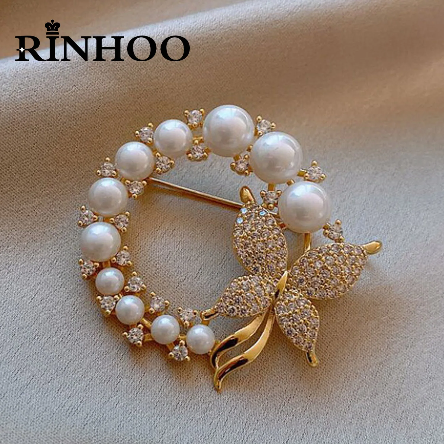 Rinhoo Baroque Imitation Pearl Rhinestone Wreath Butterfly Brooch Women Trend Elegant Circle Leaf Brooch Pins Party Wedding Gift