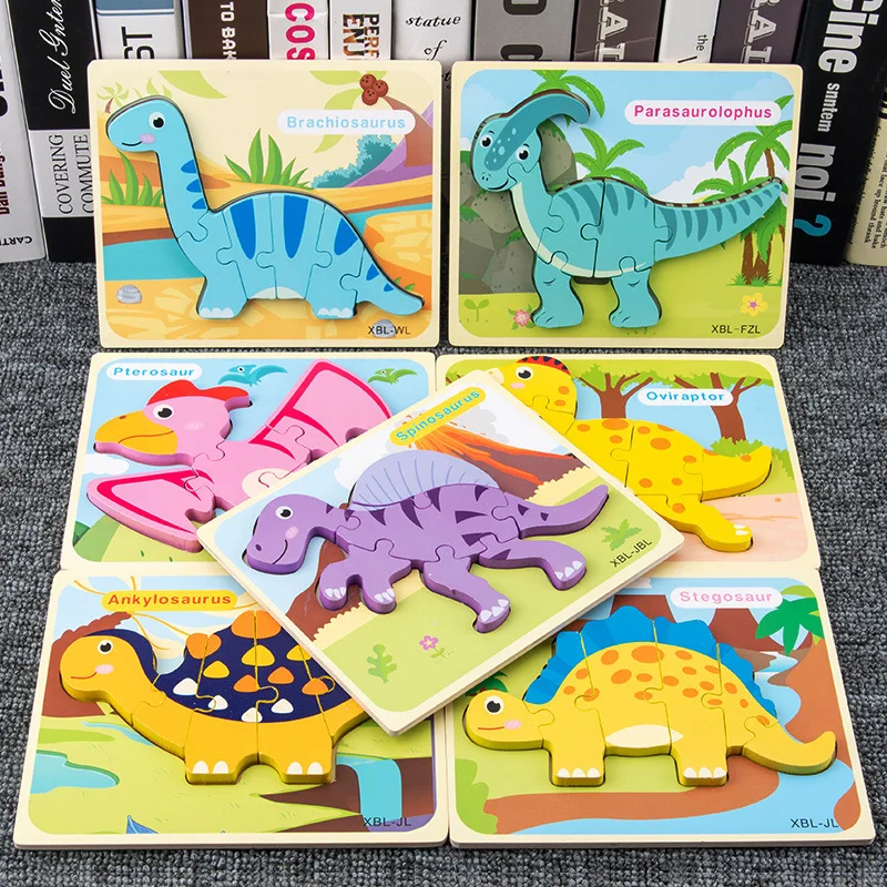 Baby Wooden Cartoon Dinosaur 3D Puzzle Jigsaw For Baby Boy Girl Montessori Early Learning Educatioanl Puzzle Toys