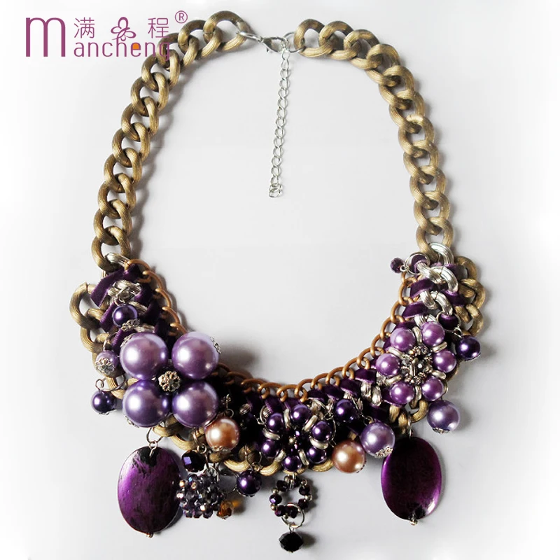 New Restoring Ancient Bronze Purple Pearl Crystal Necklace For Women Big Chunky Rope Chokers Clavicle Collar Para Mujer