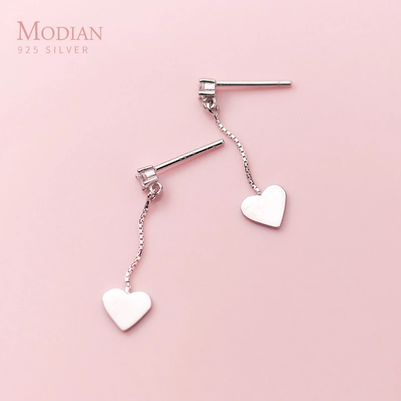 

Modian Elegant New Genuine 925 Sterling Silver Simple Line Hearts Drop Earrings for Women Silver Clear CZ Dangle Jewelry Gift