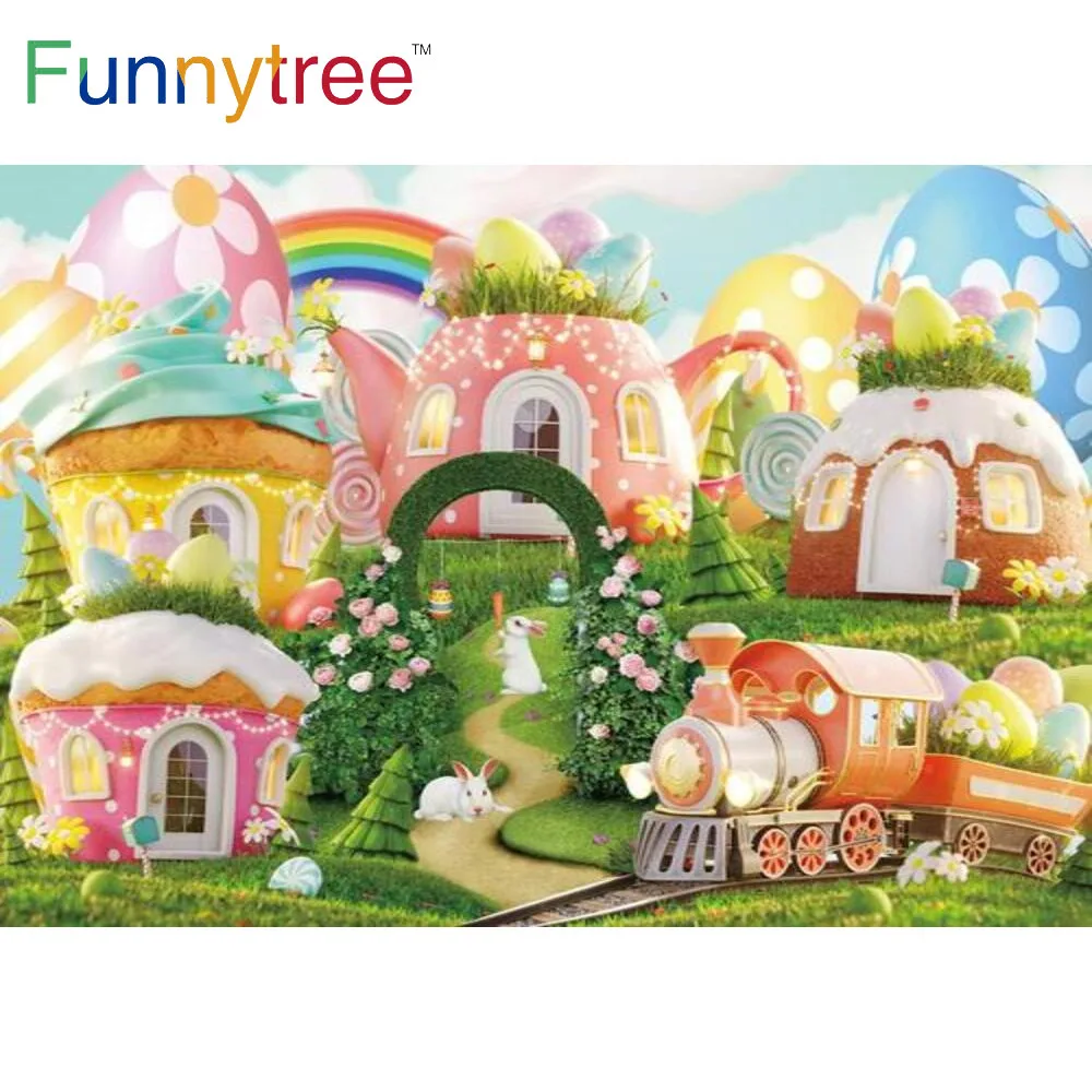 

Funnytree Happy Easter Garden Backdrop Rabbit Spring Baby Shower Fairy Rainbow Birthday Party Dessert House Eggs Background