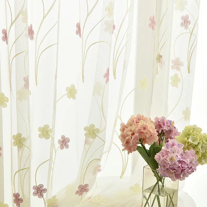 Rustic Pink Flower Embroidered Curtains Bedroom Sheer Tulle Curtains For Living Room Window Tulle Kitchen Voile Drapes Rdeaux