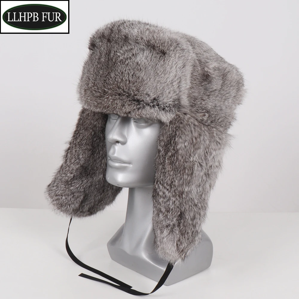 

Hot Sale Men Winter Real Rabbit Fur Bomber Hat Outdoor Super Warm 100% Natural Rabbit Fur Hats Full Pelt Genuine Rabbit Fur Cap