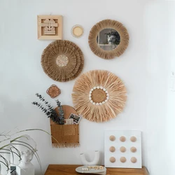 Nordic Style Straw Mirror Southeast Asia Decorative Wall Decor Round Wall Hanging Decor Coffee Color Bohemian Wall Decorations