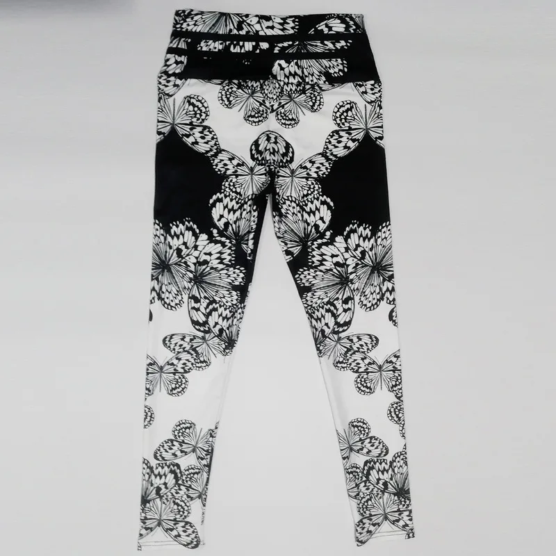 FCCEXIO High Waist Fitness Elastic Leggings Black&White Butterfly Print Sexy  Leggins Casual Workout Sport Tight Pants