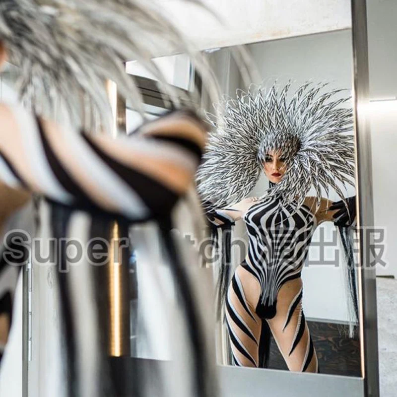 cool headdress dance show New customized zebra pantern stage costume party nightclub technology bodysuit