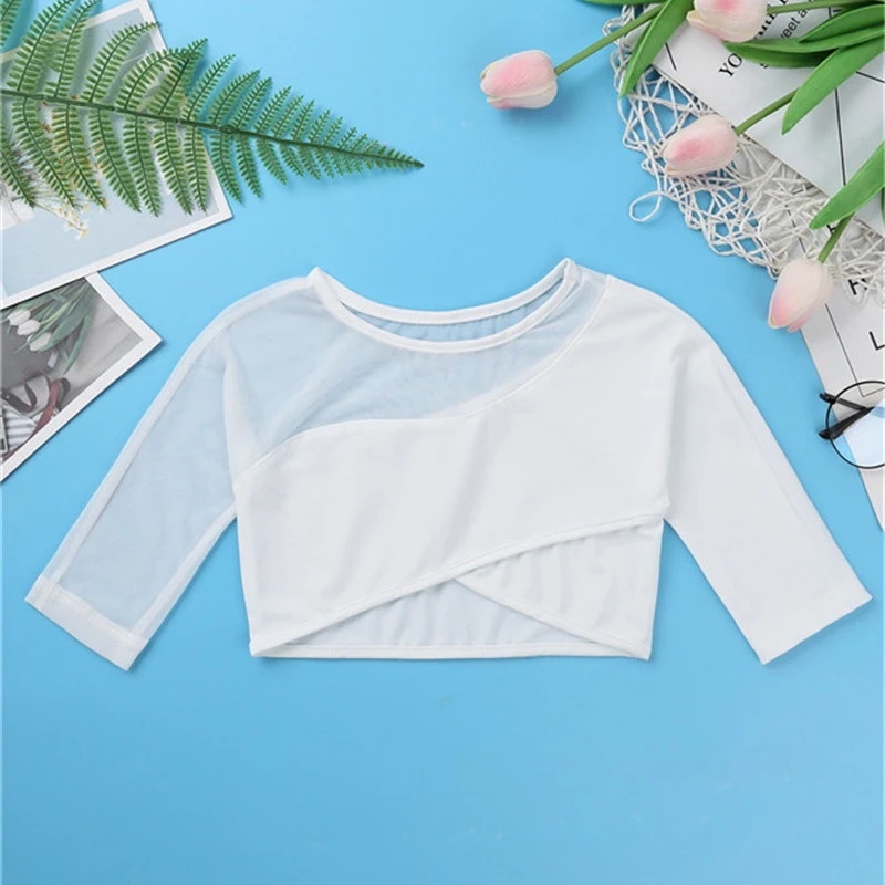 Kids Girls Asymmetrical 3/4 Sleeves Gymnastics Crop Top for Ballet Dance Wear Stage Performance Dancewear Gym Workout Crop Top