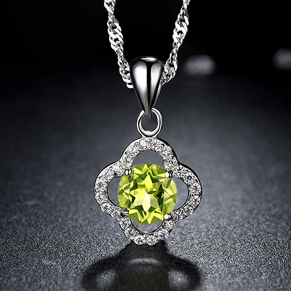 Fashion lucky clover olive crystal peridot gemstones diamonds pendant necklaces for women white gold silver color choker jewelry