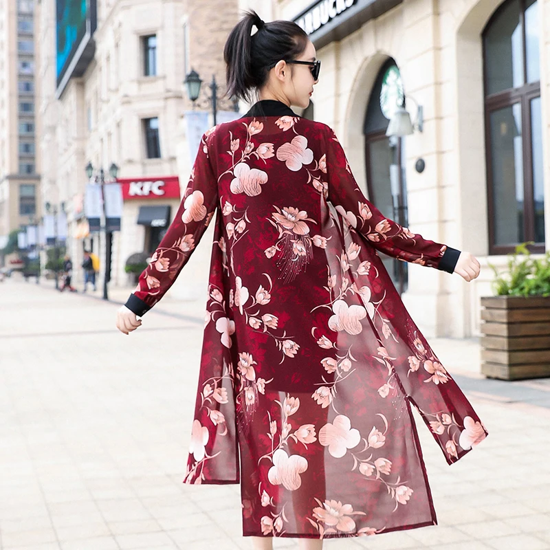 Floral Kimono Cardigan Long Sleeve Women Shirts Summer Holiday Beach Long Shirt Top Plus Size