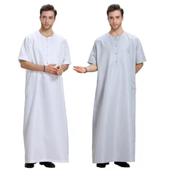 Summer Muslim Moroccan Short Sleeve Islamic Men's Round Collar Solid Color Robe Arabic Kaftan Saudi Dubai Clothing Worship Abaya