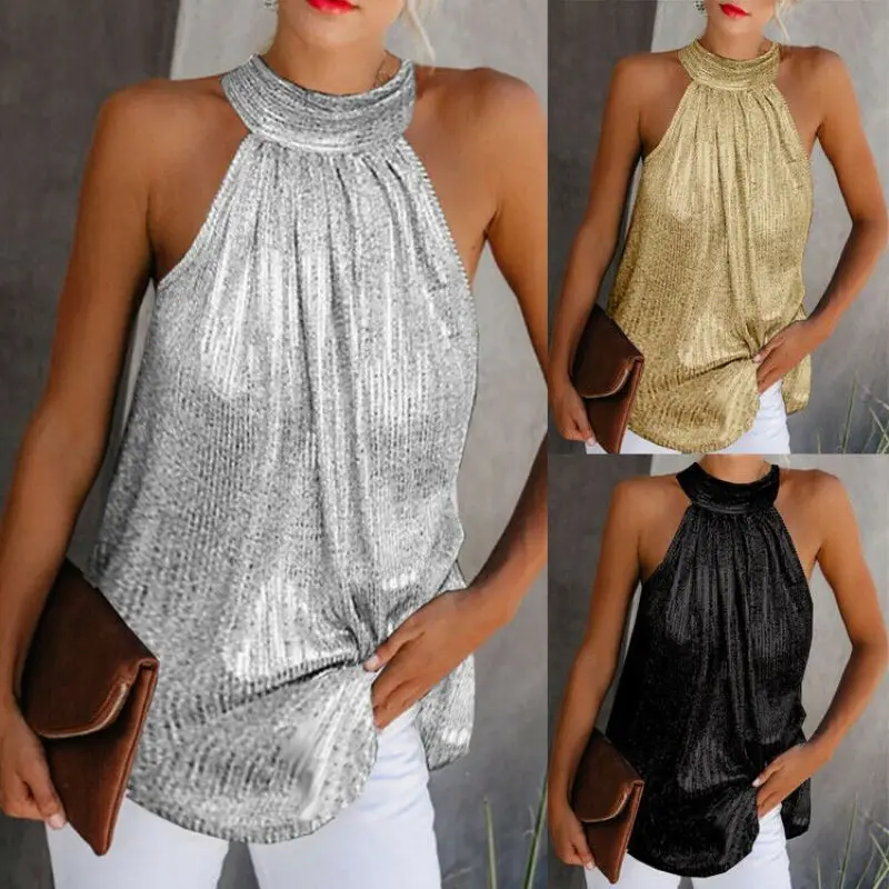 Women Gold Blouse 2024 New Fashion High Neck Sleeveless Hatler Tank Top Vest Summer Casual Loose Blouse Shirt Tee