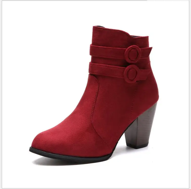 

Fashion Sexy Double Buckle Woman Boots Autumn Winter Shoes Women sudes Heel Flock Short Ankle Boots Keep warm Casual Shoes Large