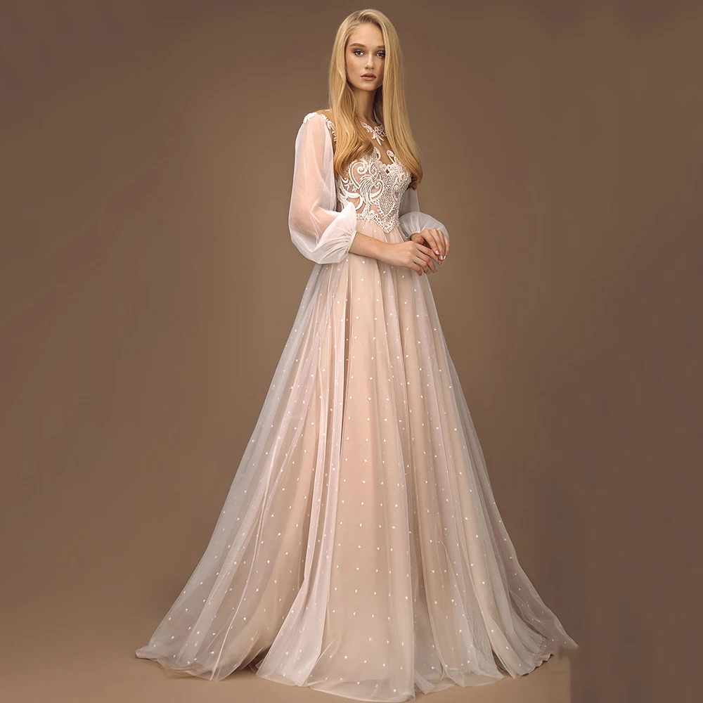 Thinyfull Robe de mariée A Line Dot Tulle Wedding Dress Long Puffy Sleeve Sheer O Neck Appliques Lace Floor Length Bride Gown