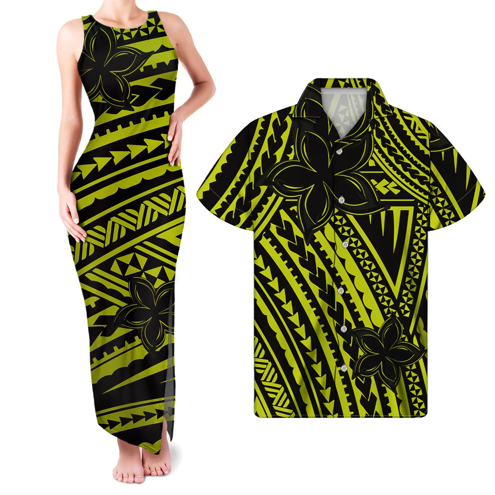 

HYCOOL New Arrivals Polynesian Tribal Stripe Print Summer Casual Yellow Couple Clothing Sexy Sleeveless Bodycon Maxi Party Dress