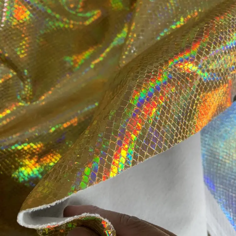 0.6mm Thickness Synthetic Leather Leatherette Holographic Pu Glitter Snake Skin Fabric Material