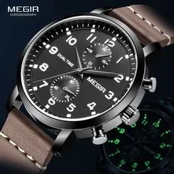 MEGIR Casual Sport Watches for Men Top Brand Luxury Military Leather Wrist Watch Man Clock Fashion Chronograph Wristwatch Brown