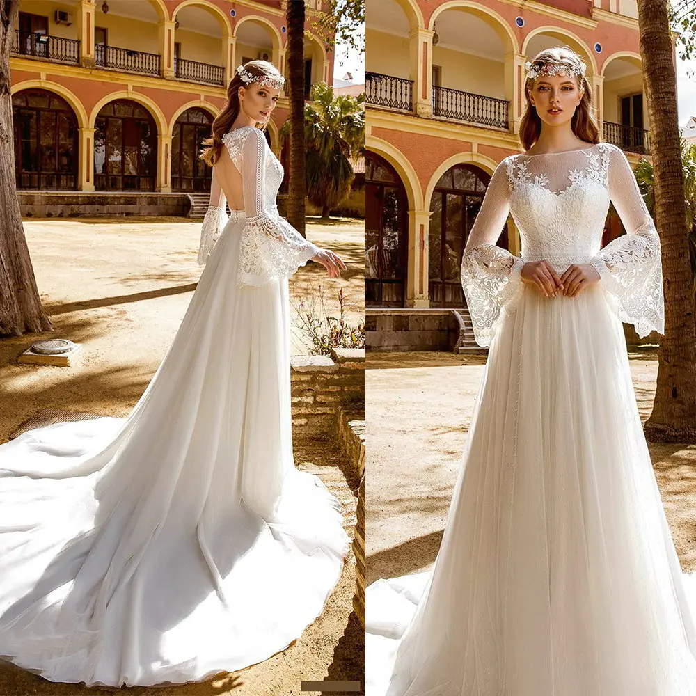 Vestidos de novia con cuello redondo, manga larga, apliques de encaje, vestidos de novia, vestidos de novia hechos a medida, tren de barrido con espalda hueca, novedad de 2020