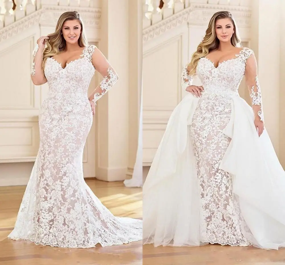 Plus size sereia vestidos de casamento com trem destacável 2020 renda applique nupcial com manga longa vestidos de novia praia