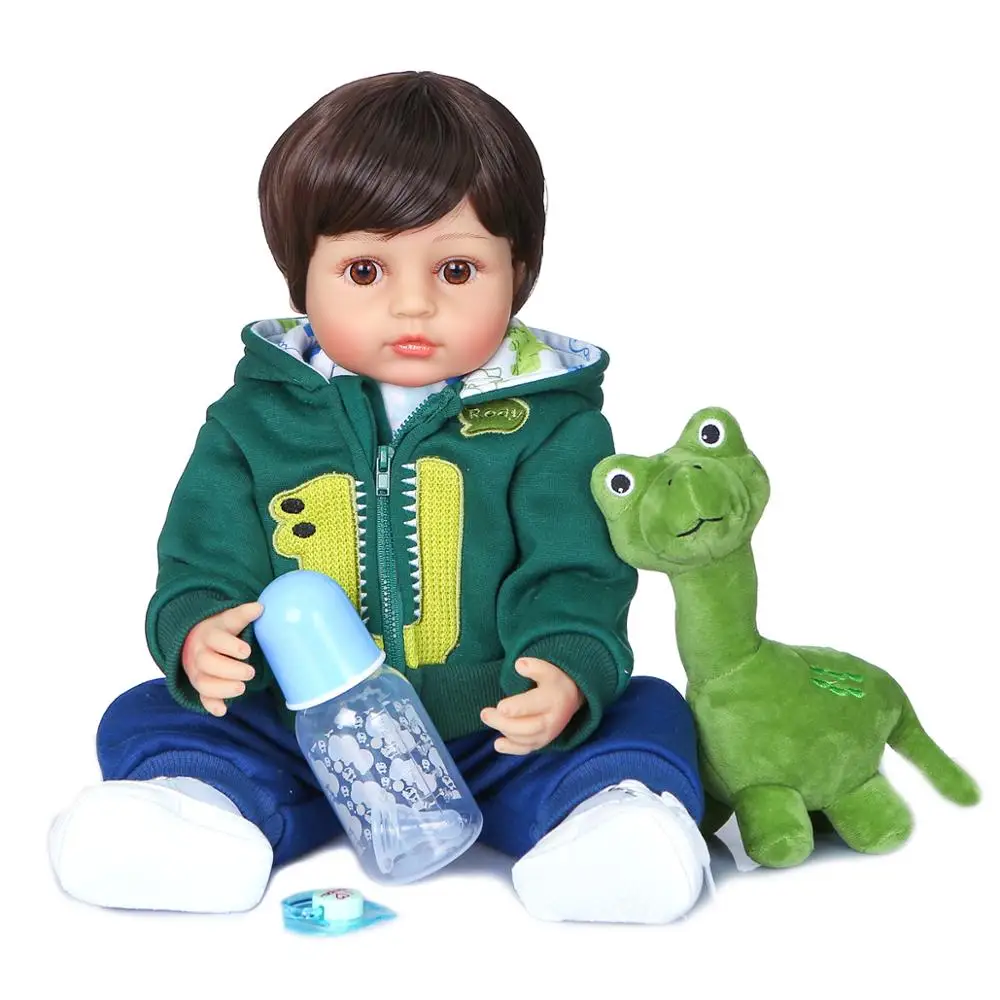 Muñeca NPK de silicona de cuerpo completo para niño pequeño, ropa verde Original, juguete de baño Flexible de tacto suave para niños, 55CM