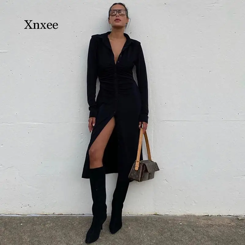 

Black Winter Dress Women Turndown Collar Button Long Sleeve Casual Dresses See Through Sexy Midi Dress Streetwear