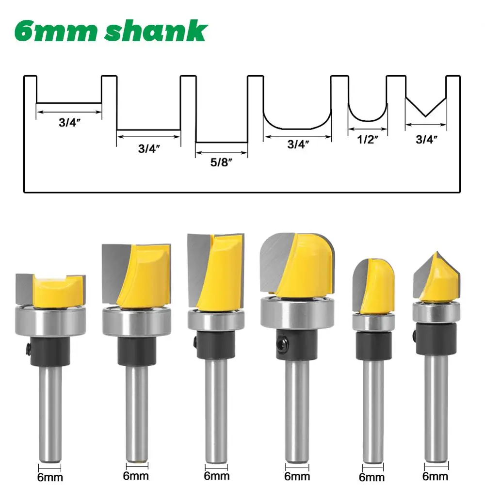 6PCS 1/4 "O 6 millimetri Gambo Modello Bit Flush Bit Trim Po 'Dritto con Cuscinetto Cerniera Toupie Router bit di Legno Trimmer Cutter