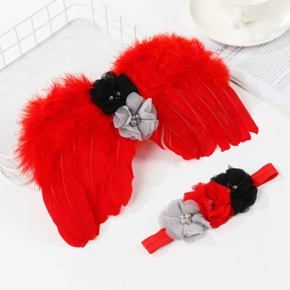 2pcs/set Cute Newborn Angel Feather Wings with Baby Girl Rose Flower Headband Hair Accessories for Infant Photography Props