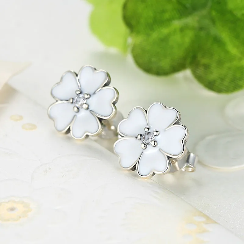 

Silver Primrose Clover Flower Stud Earrings White Enamel Compatible With With Cubic Zirconia Fashion Lady Wind Petal Earrings
