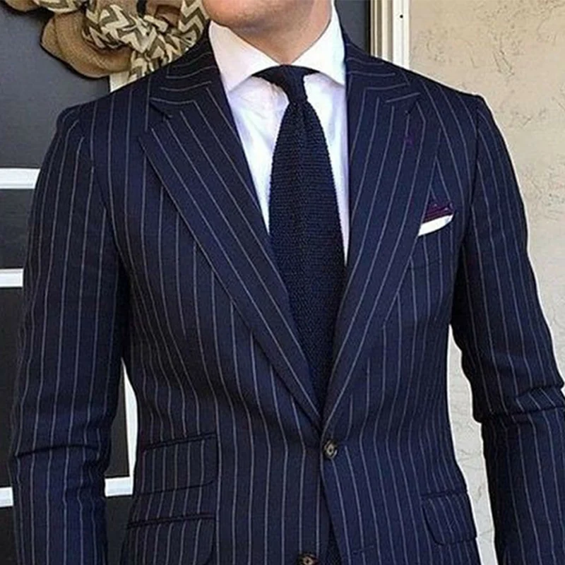 2 Piece Pinstripe Men's Suit Slim Fit for Formal Wedding Tuxedo Notched Lapel Navy Blue Striped Business Groom Male Fashion