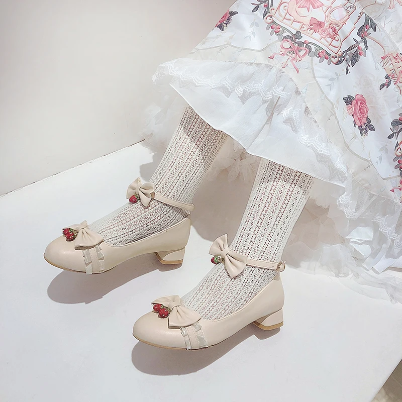 Fashion Cosplay Party Princess Lolita Women Shoes Low Heel Mary Jane Butterfly-Knot Block Pumps Shining Strawberry Pendant