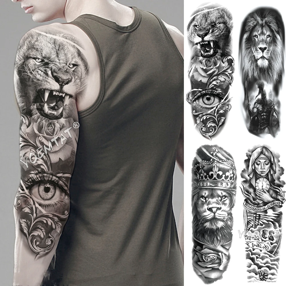 Tatouage temporaire étanche pour hommes, grand autocollant sur les bras, crâne complet, loup sauvage, tigre, yeux de Lion, roi, Rose