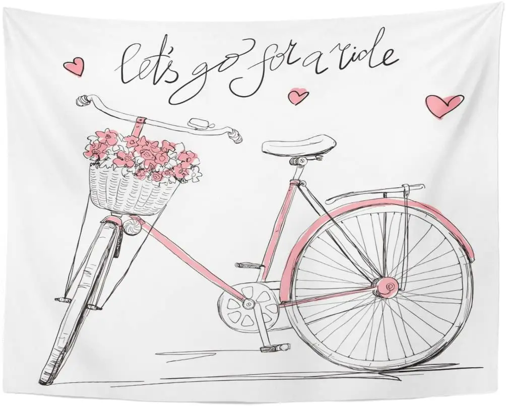 Tapestry Pink Vintage Bicycle with Basket Full of Flowers Girl Bike Tapestries Wall Hanging for Living Room Bedroom Dorm