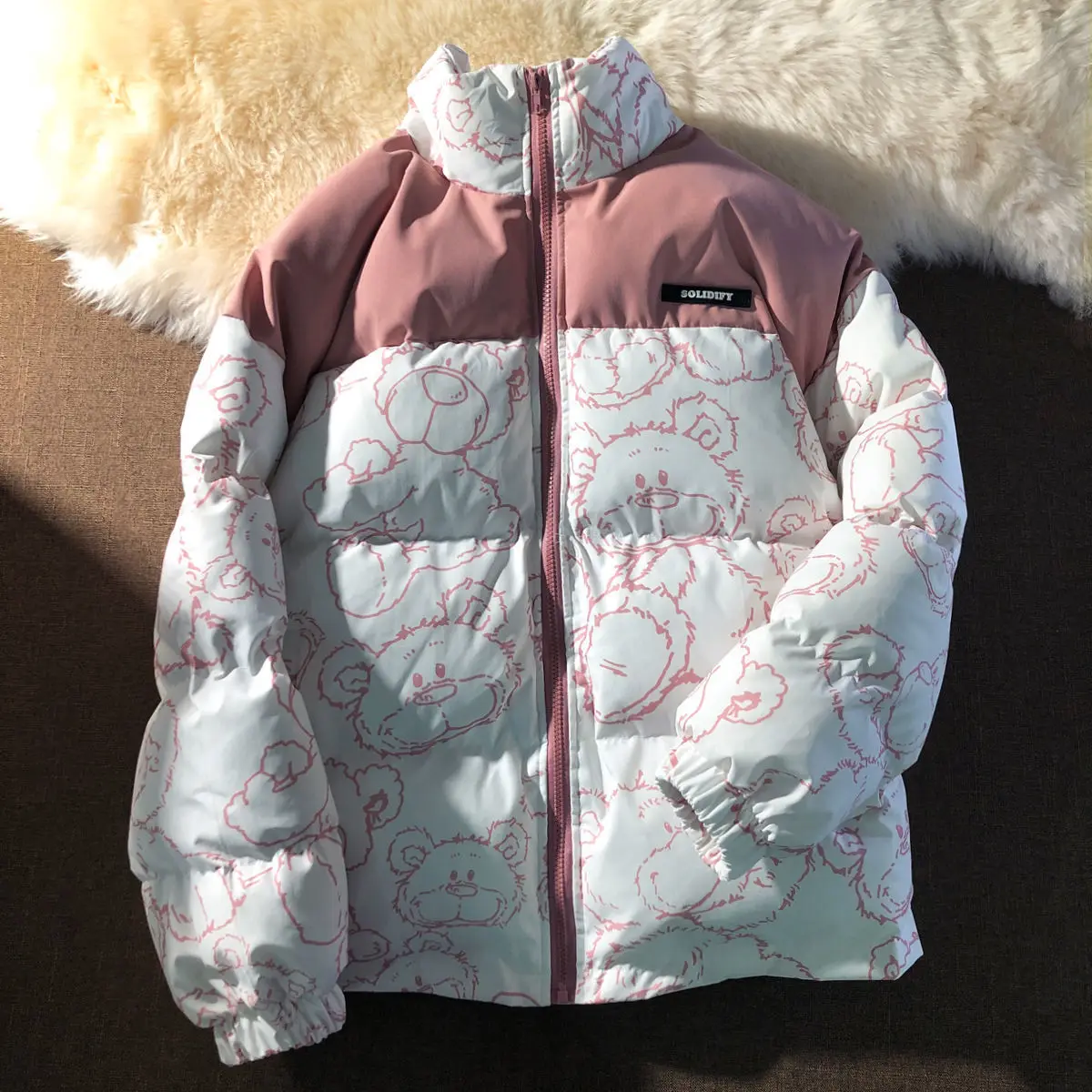 Fashion Cartoons Printed Cotton Windbreaker Jacket Zip Coats Jackets 2024 Winter Women Warm Thicken Outwear Loose Parka Coat