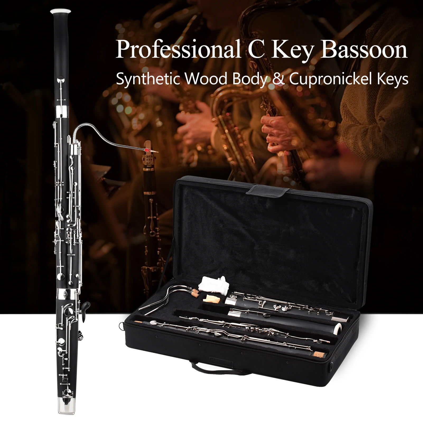 Muslady Professional C Key Bassoon Woodwind Instrument Wood Body Nickel-Plated Key with Reed Gloves Cleaning Cloth Carrying Case