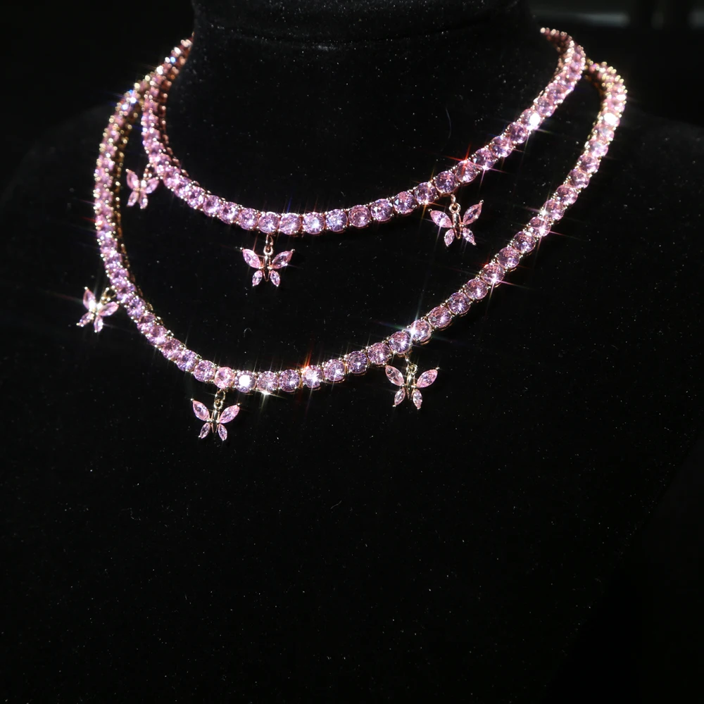 

Новый Iced Out Sparking Bling Хип-хоп Женщины Мужчины Ювелирные Изделия Bling 5 мм Cz Теннисная Цепочка Розовый Мидзинец Бабочка Очарование Колье Ожерелье Подарок