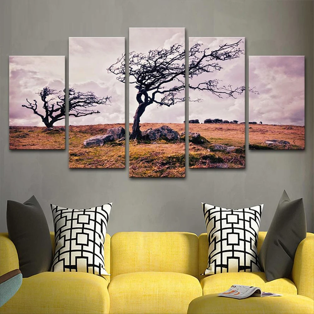 5 Pieces Wall Art Canvas Painting Landscape Poster Dead Tree Modern Living Room For Home Decoration Framework Pictures