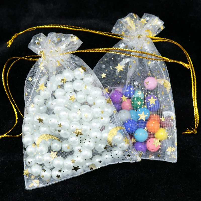 

100pcs/lot Packaging Jewelry Display Gift Bags Organza Pouches Star Moon 11x16cm Transparent Tulle Drawstring Bag Wholesale
