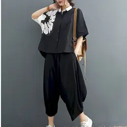 2024 Summer New Womens Suit Printing Fashion Suit Cotton Casual Short-sleeved Shirt Loose Wide-leg Pants Two Piece Set Oversized