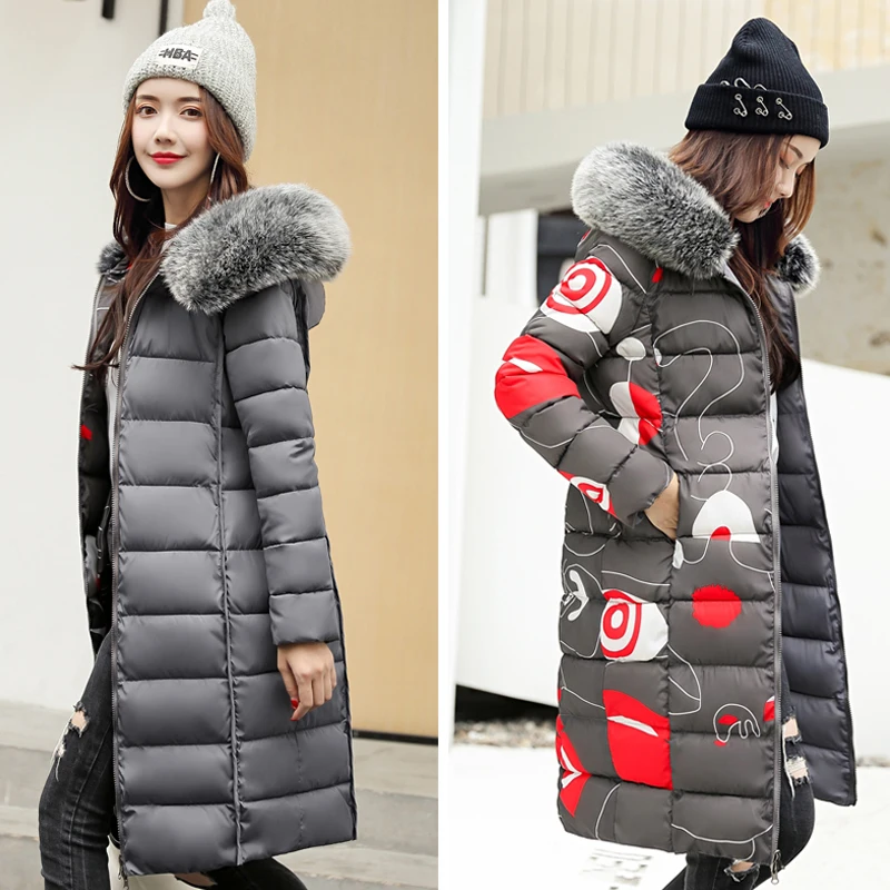 

Hooded Long Jacket For Women Fad Winter Both Two Sides Can Wear Slim Parka Korean Style Oversized Fur Collar Thick Coats Femme