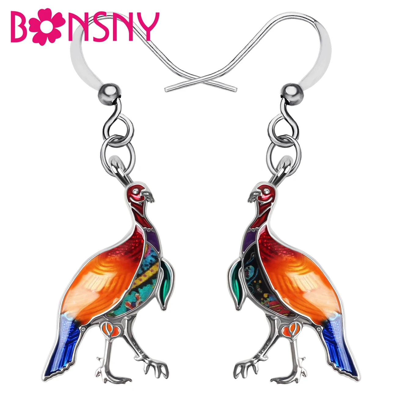 BONSNY Enamel Alloy Floral Thanksgiving Chicken Hen Turkey Earrings Drop Dangle Fashion Jewelry For Women Girls Teens Party Gift