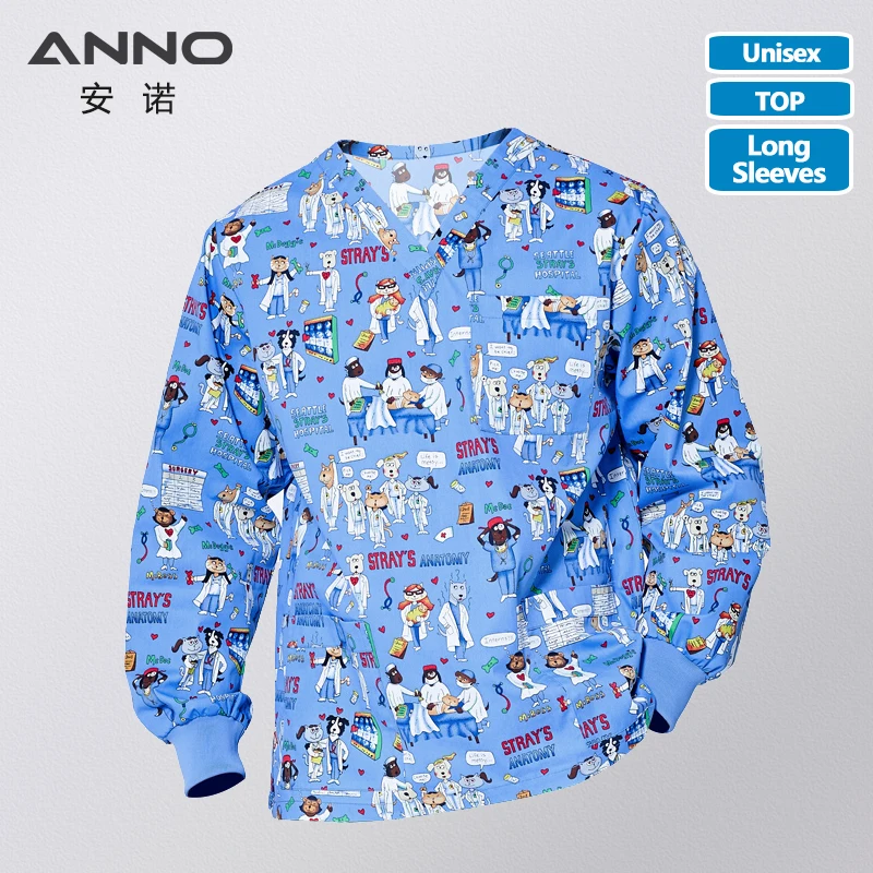 ANNO Hospital Autumn Winter Medical Scrubs Tops Long Sleeves Print Nursing Uniform Nurse Tunic Clothes Out Wear Coat