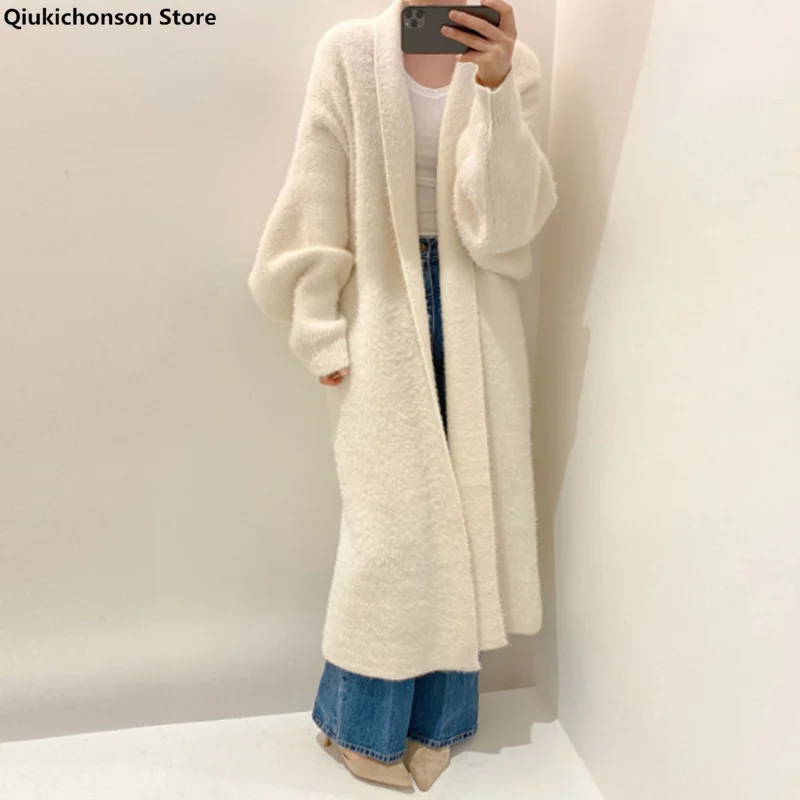 Synthetic Mink Cashmere Women Sweater Cardigan Autumn Winter Batwing Sleeve Knitted Long Cardigan Thick Oversize Fluffy Sweaters