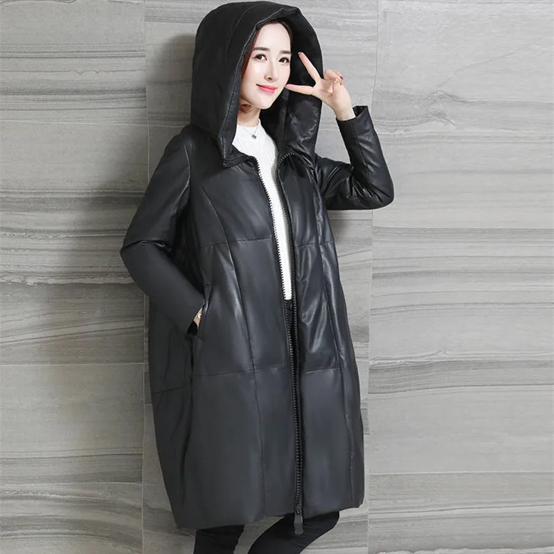 2021 NEW Fashion Women Leather Padded Jacket Winter Thick Add Cotton Jacket Large Size Middle-aged Female PU Leather Coat KW1164