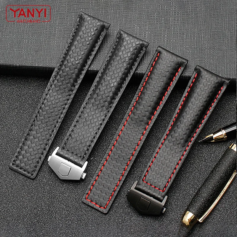 Carbon fiber pattern Genuine Leather Strap 20mm 22m for tag he-uer F1 watchband wristwatches band leather watch bracelet