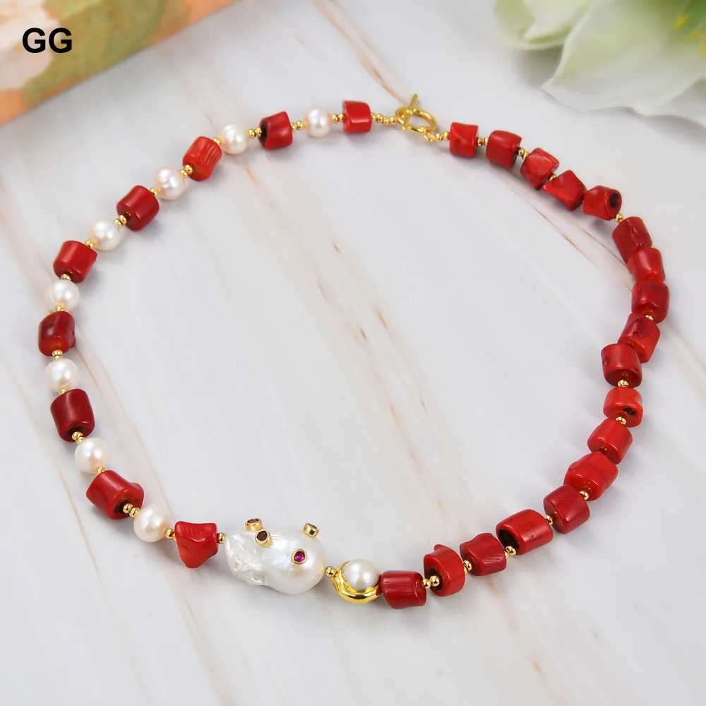 GuaiGuai Jewelry Red Coral White Pearl Necklace White Keshi Pearl Cz Pave Pendant 21