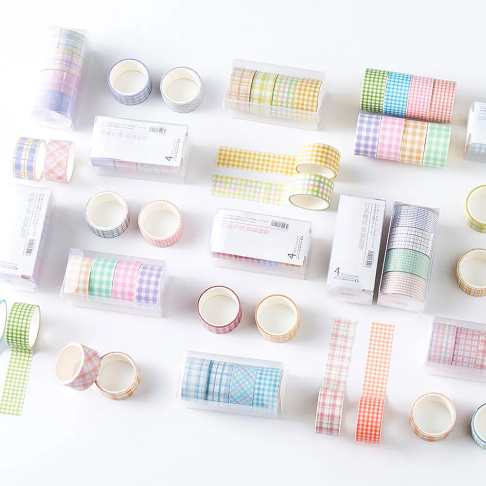 K-MIME 4 Rolls/set Candy Color Grid Washi Tape Scrapbook Decorative Tape Bujo Adhesive Tape Set Decorative Stickers