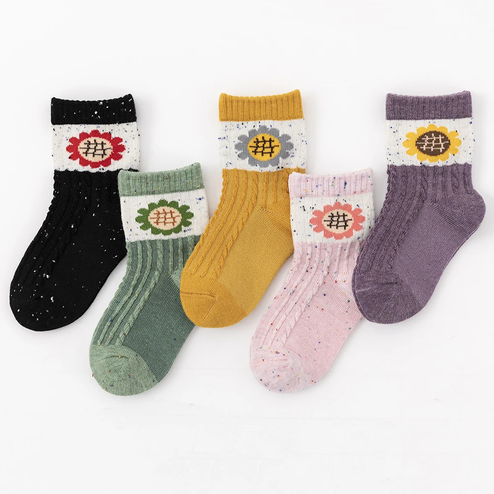 5Pairs/lot Kids Socks Autumn Cotton Baby Winter Socks Boys Girls Children Snow Socks Sunflower Warm Thick Socks.