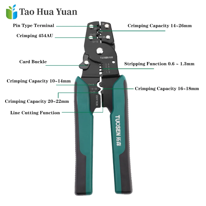 Tao hua yuan ferramenta de friso alicate fio cortador stripper crimper wiretool 10-22awg tubo quadrilátero bootlace terminal aa