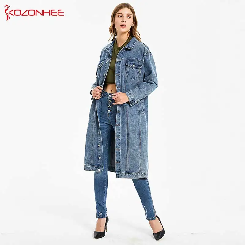 Fashion Blue Inelastic Women Long Denim Trench Coat Women Jeans Coats Casual Pocket Trench Denim Women Vintage Jeans Jacket  #07